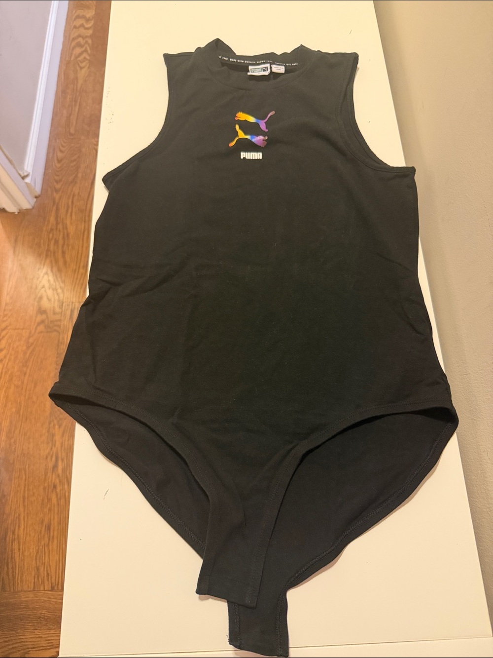 Puma Women’s Black Sleeveless Bodysuit with Rainbow Puma Logo